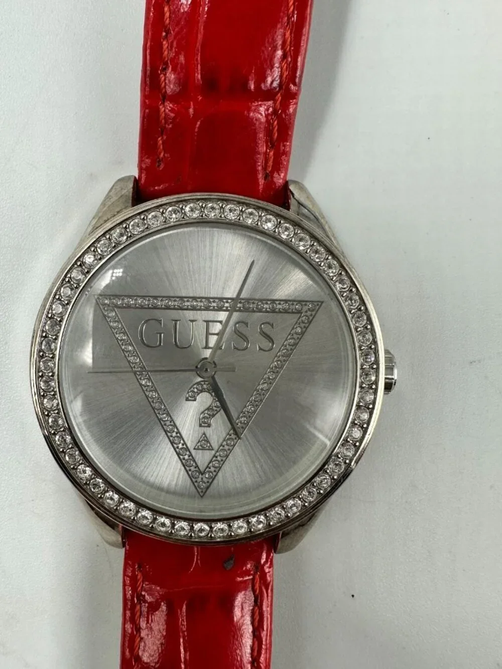 Guess Watch Women Silver Tone Logo Dial 36MM Red Leather Band New Battery